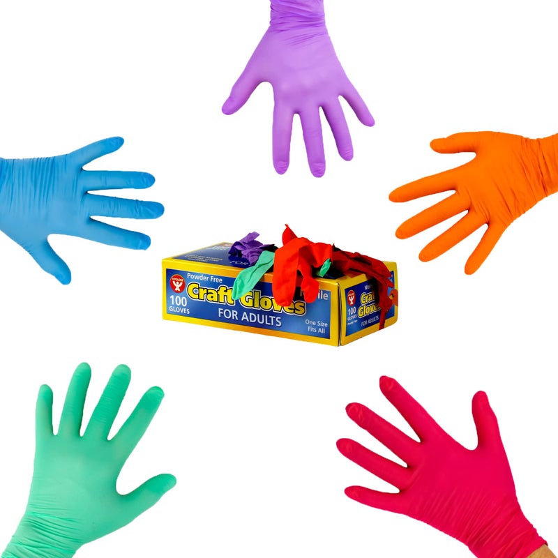 Hygloss Colored Nitrile Gloves 100 Gloves Disposable LatexFree for Cleaning Baking Gardening Dishwashing 5 Assorted Colors Adult Size 1 Box of 100 Gloves